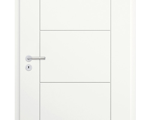 Ușă de interior albă cu linii decorative orizontale, mâner și încuietoare