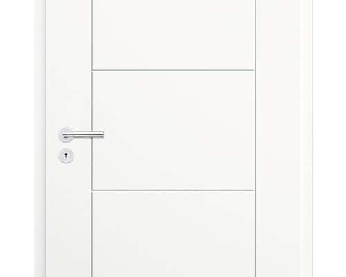 Ușă interioară albă cu linii decorative orizontale și mâner