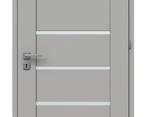 Ușă interioară gri cu ornamente orizontale, mâner și broască