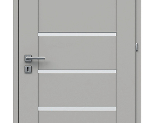 Ușă interioară gri cu muluri decorative orizontale și mâner