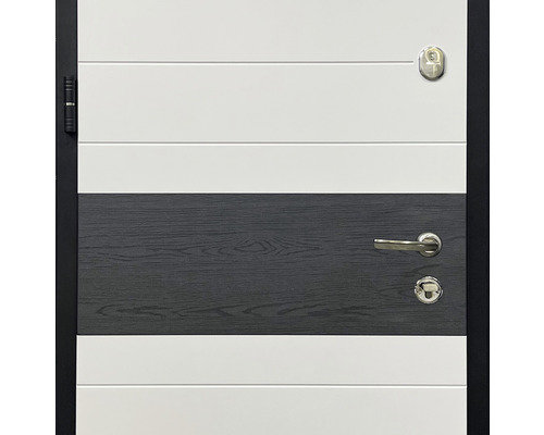 Ușă de intrare cu decor din lemn și mâner