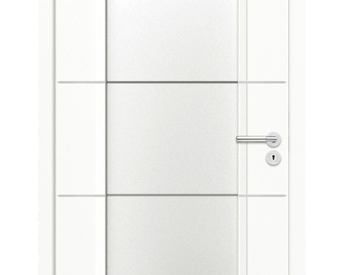 Ușă de interior albă cu linii decorative orizontale și mâner