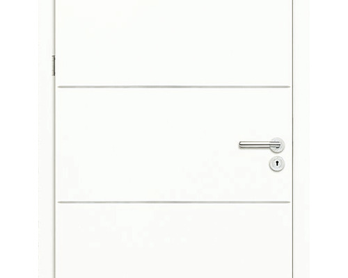 Ușă interioară albă cu caneluri orizontale și clanță