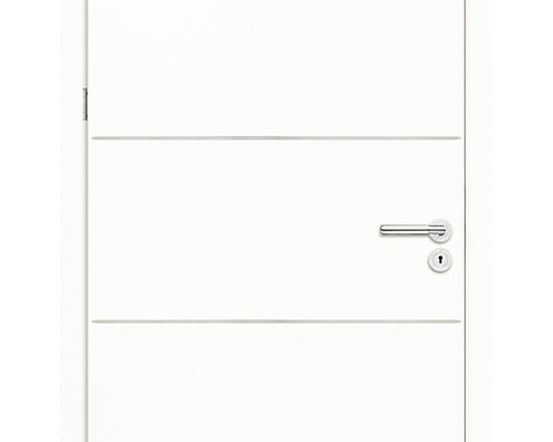Ușă de interior albă cu linii decorative orizontale și mâner