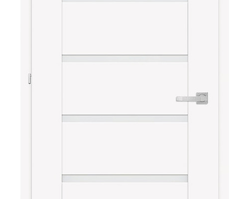 Ușă de interior albă cu panouri orizontale de sticlă și mâner