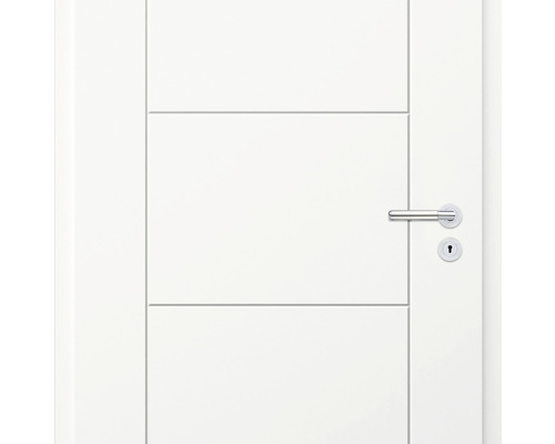 Ușă interioară albă cu linii decorative orizontale și clanță