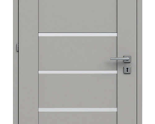 Ușă interioară gri cu caneluri orizontale, set de clanțe și încuietoare