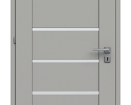 Ușă de interior gri cu ornamente orizontale, mâner și încuietoare