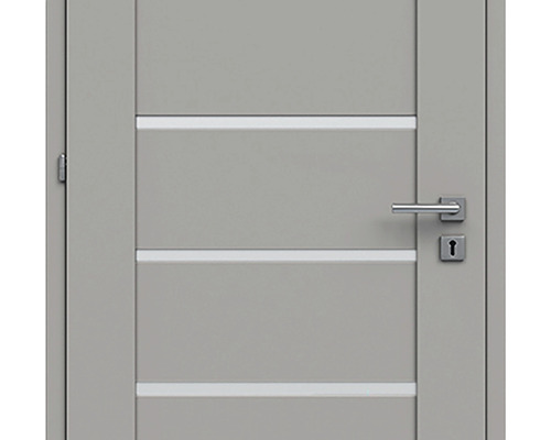 Ușă interioară gri cu muluri decorative orizontale, mâner și încuietoare