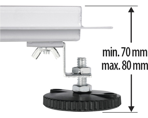 Vizualizare detaliată a unui picior de mobilier reglabil în înălțime, cu o înălțime minimă de 70 milimetri și o înălțime maximă de 80 milimetri