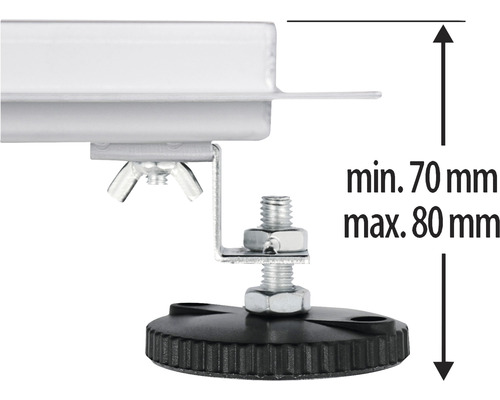 Prim-plan cu un picior reglabil cu o înălțime minimă de 70 milimetri și o înălțime maximă de 80 milimetri