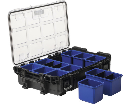 Cutie de scule cu compartimente detașabile și capac transparent