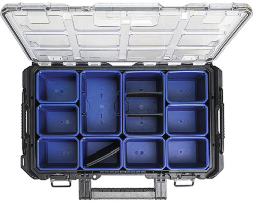 Cutie de scule deschisă cu capac transparent și compartimente albastre