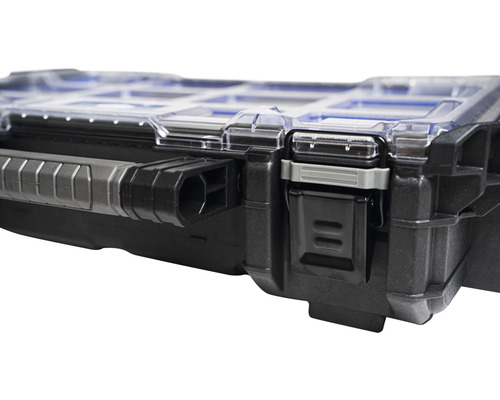 Prim-plan cu o cutie de scule neagră cu capac transparent și mâner