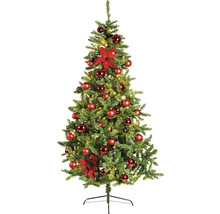 Brad împodobit cu globuri și flori pe suport