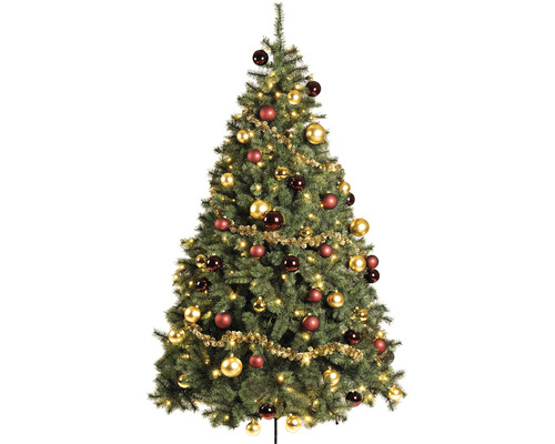 Brad împodobit cu globuri, ghirlandă și lumini