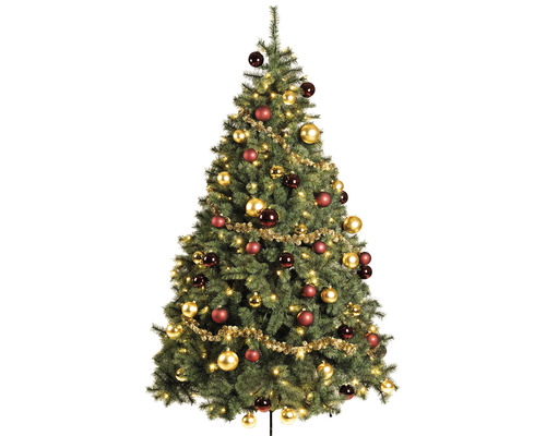 Brad împodobit cu globuri și instalație luminoasă