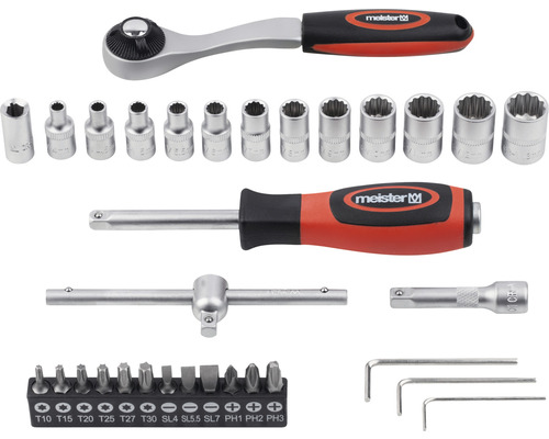 Set de chei tubulare cu clichet, diverse tubulare, șurubelniță și biți