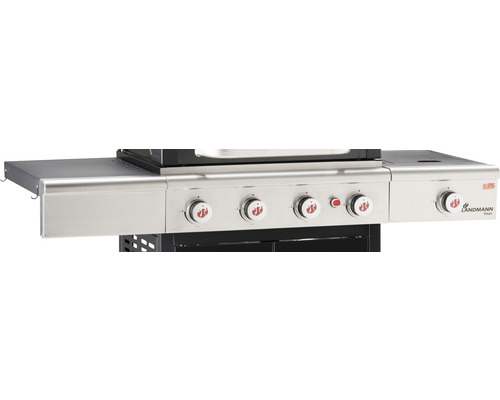 Grătar pe gaz din inox cu patru arzătoare și rafturi laterale.