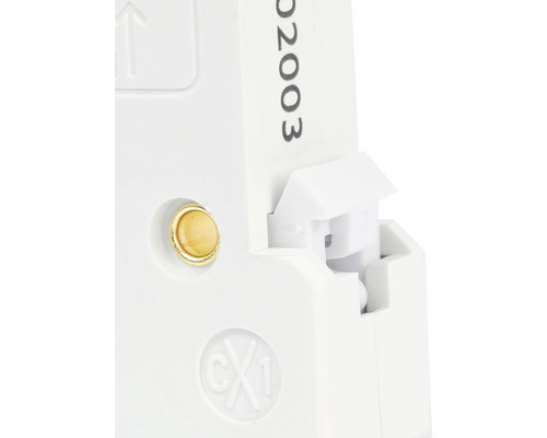 Vizualizare detaliată a unei componente electrice albe cu un șurub galben și un număr de produs