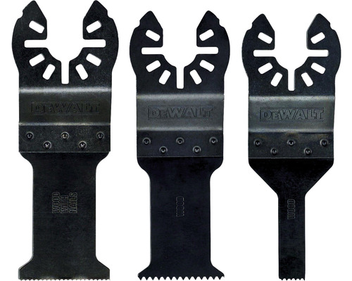 Trei lame de ferăstrău Dewalt pentru scule multifuncționale cu suporturi pentru diferite tipuri de scule.