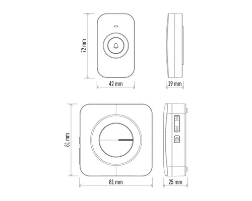 Dimensiunile unei sonerii fără fir prezentate ca un desen schematic