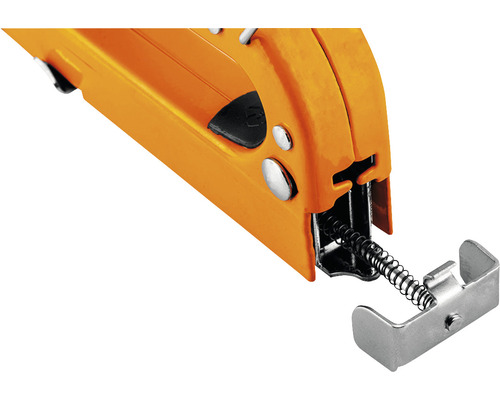 Imagine detaliată cu un capsator manual portocaliu cu ghidaj pentru capse