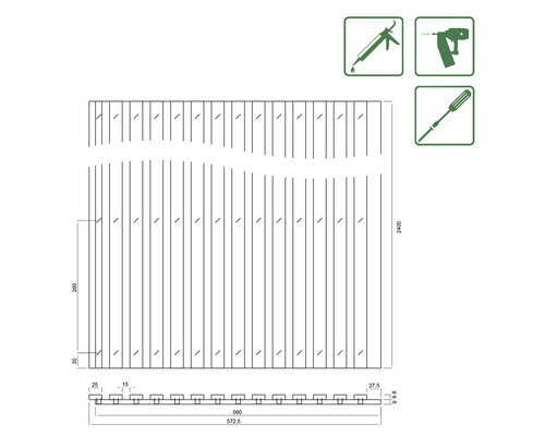 Desen tehnic al unui paravan de gard cu dimensiuni și simboluri de scule