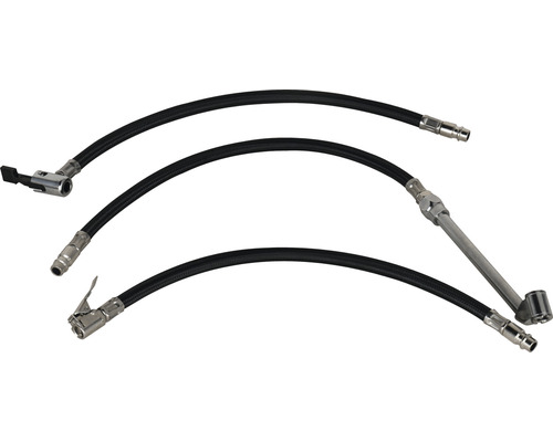 Trei furtunuri de presiune pentru pneuri cu diferite accesorii