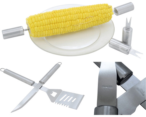 Set de ustensile pentru grătar cu suporturi pentru porumb, cuțit și spatulă