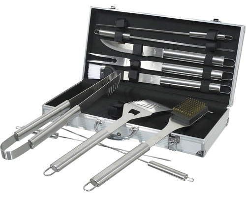 Set de ustensile pentru grătar într-o cutie din aluminiu cu diverse unelte pentru grătar