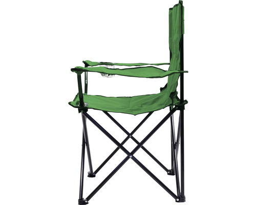 Scaun de camping verde cu suport pentru băuturi și cadru metalic negru