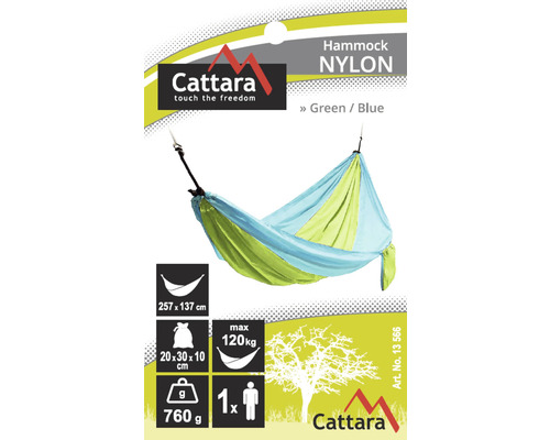 Hamac din nailon în verde și albastru, dimensiuni 257 x 137 centimetri, sarcină maximă 120 kilograme