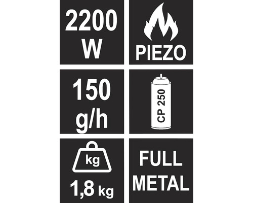 Detalii tehnice: Putere 2200 wați, aprindere piezo, consum 150 grame pe oră, compatibil cu CP 250, greutate 1,8 kilograme, complet din metal