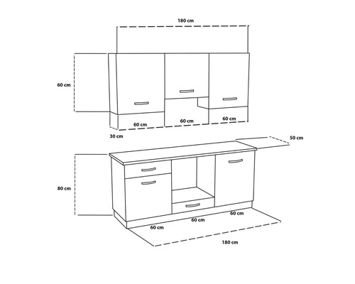 Reprezentare dimensională a unei linii de bucătărie cu dulapuri superioare și inferioare și sertare