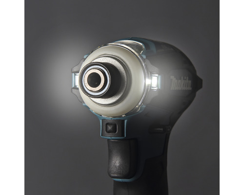 Logo Makita pe o șurubelniță cu impact cu acumulator și iluminare LED.
