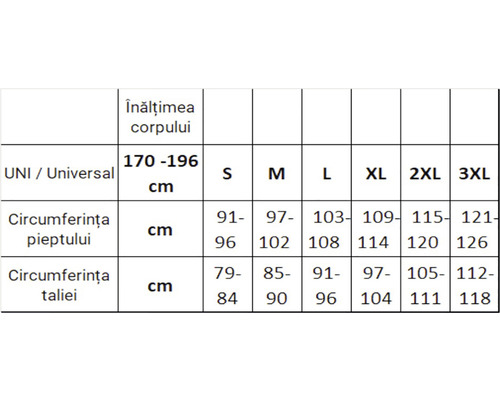 Tabel de mărimi pentru îmbrăcăminte exterioară cu înălțimea corpului, circumferința pieptului și circumferința taliei în centimetri.