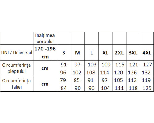 Tabel de mărimi pentru îmbrăcăminte cu informații despre înălțimea corpului, circumferința pieptului și taliei în centimetri