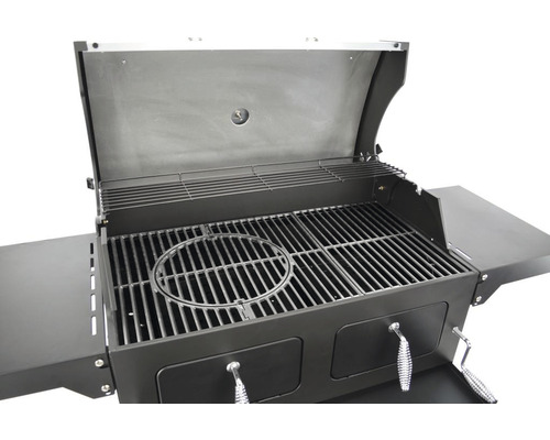 Grătar pe cărbune cu grătar, raft de încălzire și rafturi laterale