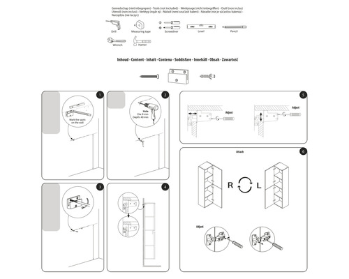 Instrucțiuni de asamblare pentru o piesă de mobilier cu unelte precum burghiu, șurubelniță și ciocan
