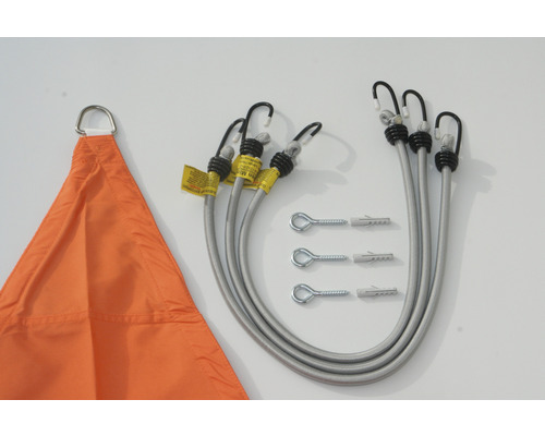 Copertină de soare portocalie cu frânghii de fixare, cârlige și șuruburi