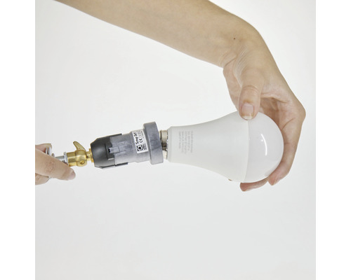 O persoană ține o lampă LED cu dulie.