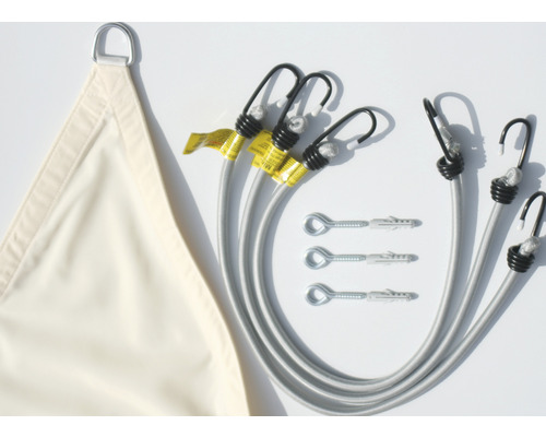 Pânză de umbrire triunghiulară cu frânghii de fixare, cârlige și dibluri