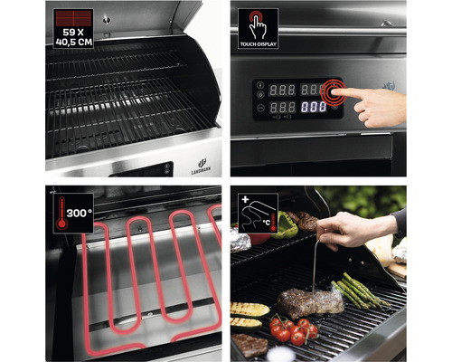 Vederi detaliate ale unui grătar care arată suprafața de grătar, ecranul tactil, elementele de încălzire și măsurarea temperaturii.