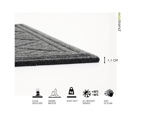 Covoraș de intrare cu o grosime de 1,1 cm, curăță murdăria uscată, absoarbe umezeala, foarte rezistent, potrivit pentru orice vreme și ușor de curățat.