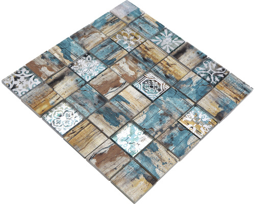 Placă de mozaic pătrată cu aspect de lemn și elemente florale