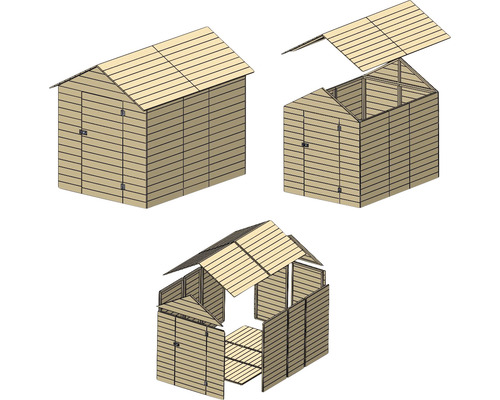 Reprezentare a unei magazii de grădină în diferite faze de construcție