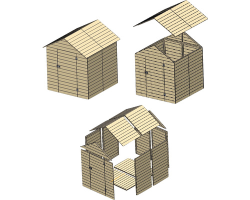 Reprezentare a construcției unei căsuțe de grădină cu pereți și acoperiș din lemn