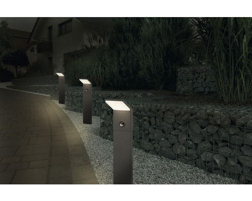 Exterior iluminat cu mai multe lămpi de stâlp de-a lungul unei căi și a unui zid de gabioane