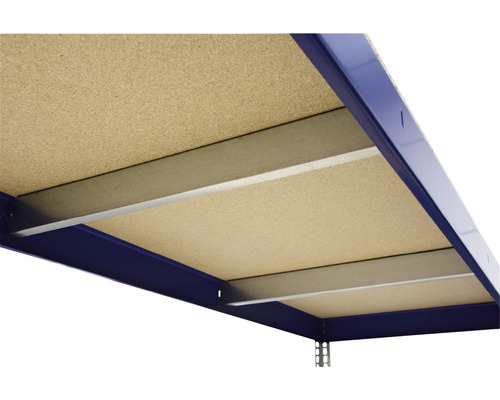 Imagine detaliată a unui raft cu panou din fibre de lemn și cadru metalic